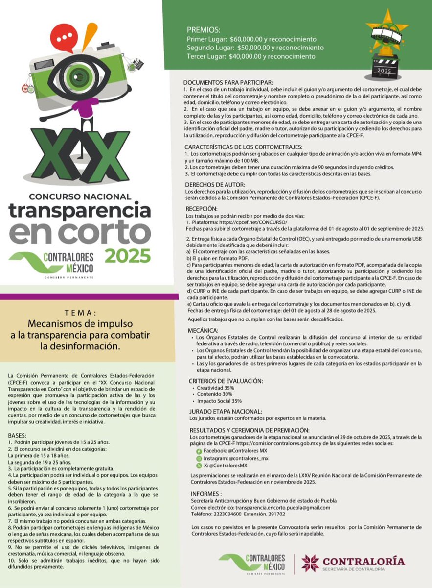 🎥 ¡Atención jóvenes de 15 a 25 años! 🎥

Ya puedes participar en el XX Concurso Nacional Transparencia en Corto 2025.

🟢 Tema: "Mecanismos de impulso a la transparencia para combatir la desinformación"

🎬 Realiza un cortometraje de hasta 90 segundos, solo o en equipo.