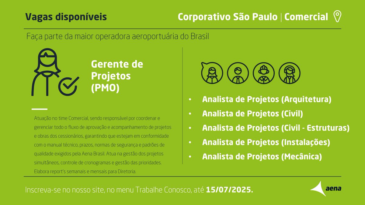 A Aena Brasil está com 5 vagas abertas para o corporativo no Aeroporto de Congonhas (SP)! Oportunidades para áreas de projetos e engenharia.

Confira e inscreva-se: jobs.recrutei.com.br/aena-brasil/?l…

#Aena #VagaDeTrabalho #OportunidadeProfissional