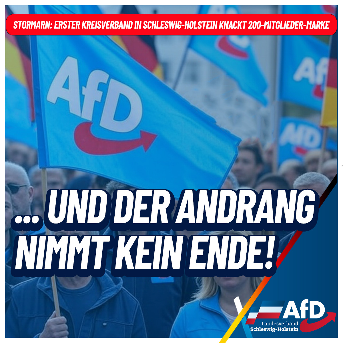 AfD Schleswig-Holstein (@afd_lv_sh) on Twitter photo Mit dem #AfD-Kreisverband <a href="/AfD_Stormarn/">AfD Stormarn</a> hat der erste KV in Schleswig-Holstein die Grenze von 200 Mitgliedern überschritten.
Das ist kein bloßer Zahlenerfolg, sondern Ausdruck eines stetigen Strukturaufbaus – dort, wo Politik beginnt: vor Ort, in der Fläche, in der Mitte der Mit dem #AfD-Kreisverband <a href="/AfD_Stormarn/">AfD Stormarn</a> hat der erste KV in Schleswig-Holstein die Grenze von 200 Mitgliedern überschritten.
Das ist kein bloßer Zahlenerfolg, sondern Ausdruck eines stetigen Strukturaufbaus – dort, wo Politik beginnt: vor Ort, in der Fläche, in der Mitte der