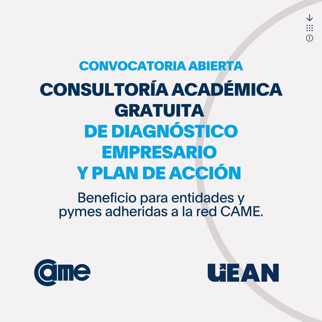 🔎 CONVOCATORIA | Consultoría Académica Gratuita de Diagnóstico Empresario y Plan de Acción

A partir de la alianza entre <a href="/CAMEEscuela/">Escuela de Negocios CAME</a> y la <a href="/uean_argentina/">Universidad Escuela Argentina de Negocios</a> 🤝 se abre la inscripción a una nueva consultoría destinada a mejorar la competitividad y productividad de las pymes,