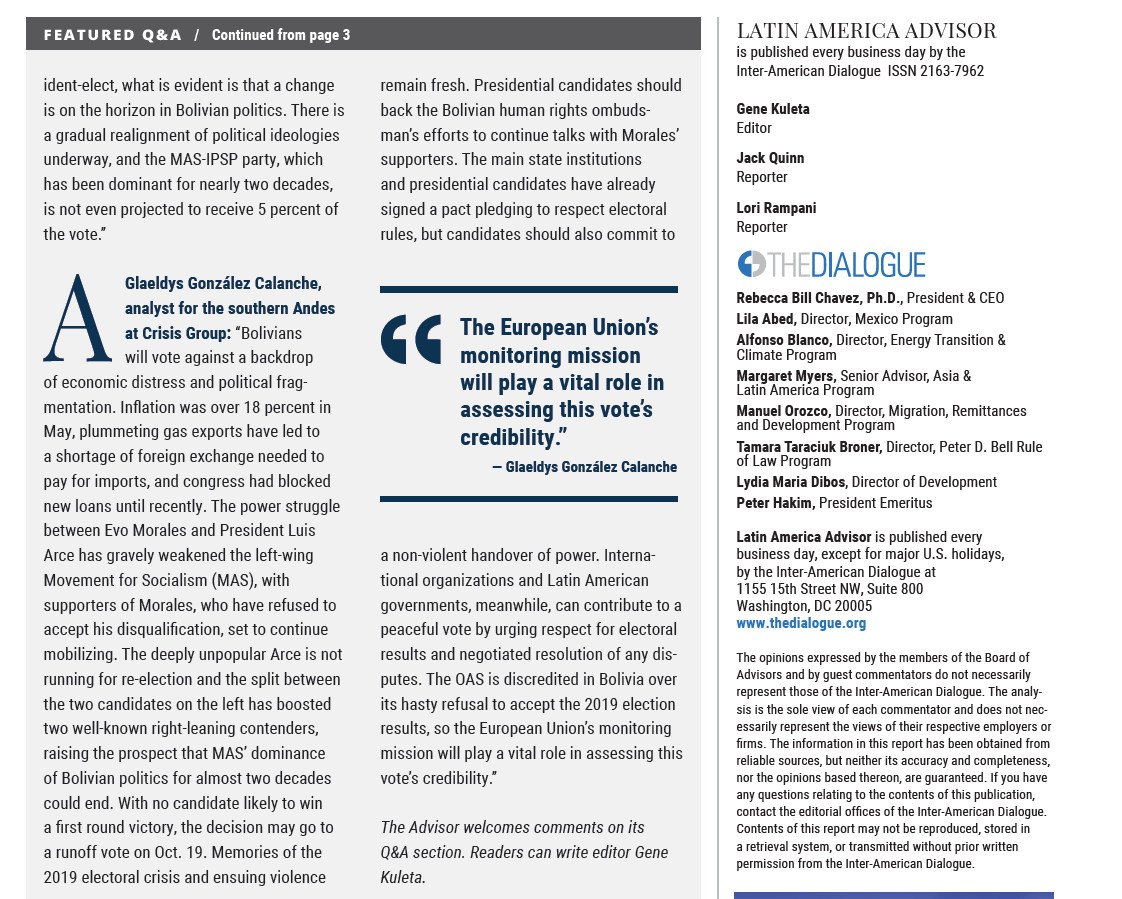 Crisis Group Latinoamérica (@icglatam) on Twitter photo South Andes analyst <a href="/gglaeldys/">Glaeldys González</a> wrote for the Latin America Advisor about the upcoming elections in Bolivia, the risks of a new cycle of political turmoil, and what international actors can do to promote a peaceful handover of power. South Andes analyst <a href="/gglaeldys/">Glaeldys González</a> wrote for the Latin America Advisor about the upcoming elections in Bolivia, the risks of a new cycle of political turmoil, and what international actors can do to promote a peaceful handover of power.