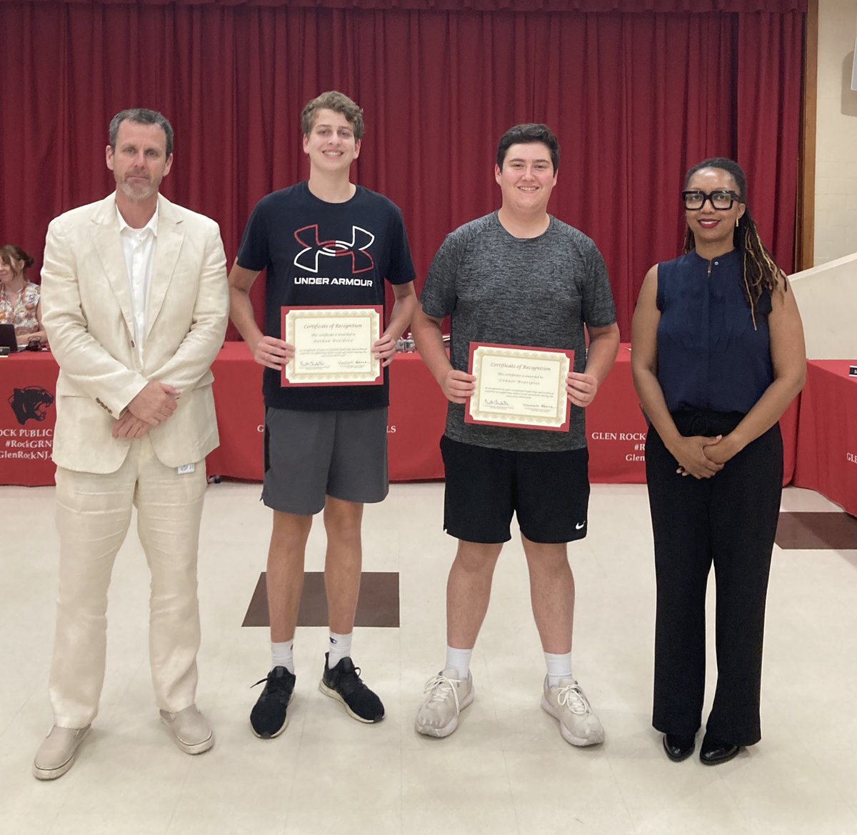 Congratulations to 5 outstanding students recognized at the June 23 #GRBOE meeting for their Audio/Visual Leadership: Nathan DeLibero ‘26 (L), Connor Bratspies ‘26 (R), Lara Hernandez ‘25, Craig Hillyer ‘25, &amp; Saanj Selarka ‘25! 🎧🎤🎥

#rockgrnj