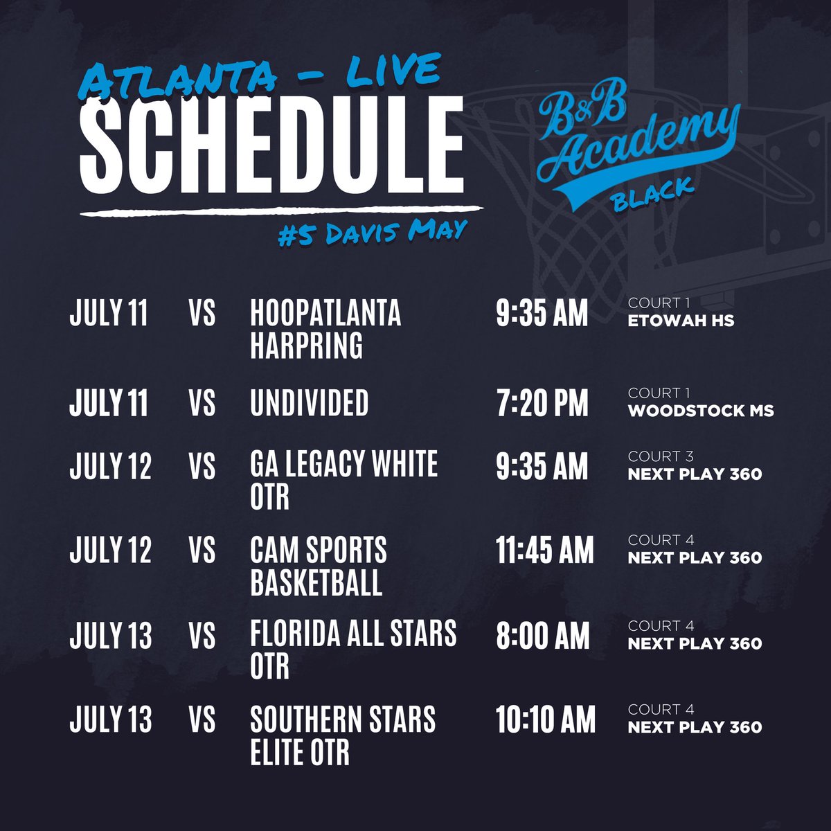 Davismay2026 (@davismay2026) on Twitter photo My schedule for the Recruit Look Live ELITE 32 event this weekend in Atlanta with <a href="/bandb_academy/">B&B Academy</a>
<a href="/RL_Hoops/">RecruitLook Hoops</a> <a href="/OntheRadarHoops/">Shun Williams</a> My schedule for the Recruit Look Live ELITE 32 event this weekend in Atlanta with <a href="/bandb_academy/">B&B Academy</a>
<a href="/RL_Hoops/">RecruitLook Hoops</a> <a href="/OntheRadarHoops/">Shun Williams</a>