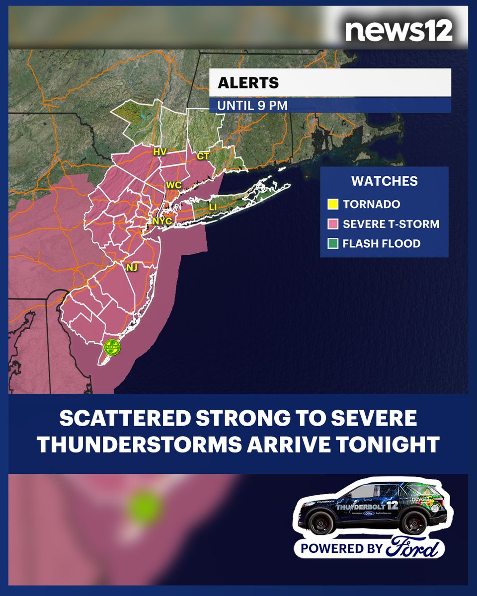 N12Thunderbolt's tweet image. THUNDERBOLT 12 ⚠️ Scattered strong to severe storms arrive after 2 p.m. through 12 a.m. There's a risk for severe weather, and damaging winds and flooding downpours are the primary concern. Stick with News 12 and check your hyper-local forecast for more.