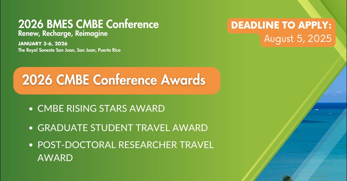 BMESociety's tweet image. 🏆 Calling all early-career researchers! The 2026 CMBE Conference Awards are officially OPEN! Don’t miss your chance to be recognized!
Apply now: hubs.la/Q03wkx1X0
#BMES #CMBE2026