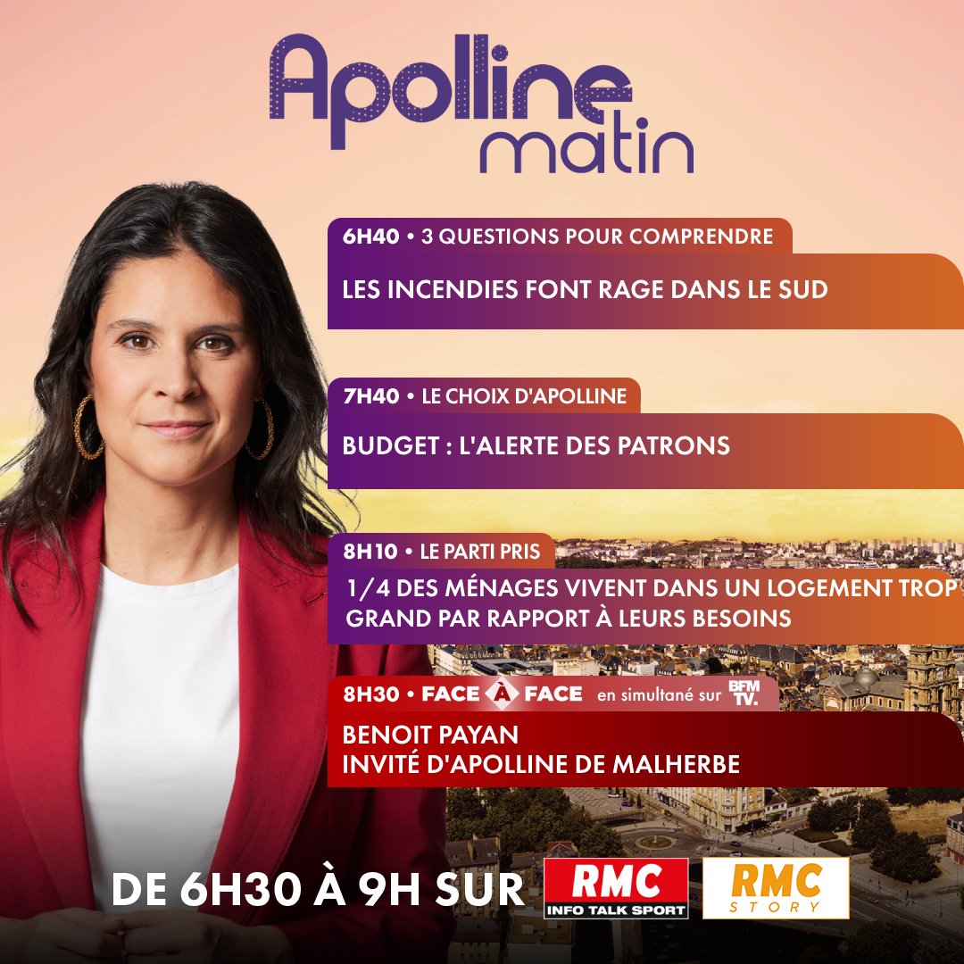 RMC (@rmcinfo) on Twitter photo 🎙 Demain, dès 6h30, dans #ApollineMatin :
► 6h40 : Éric Brocardi, porte-parole de la Fédération nationale des sapeurs-pompiers de France
► 7h40 : <a href="/PatrickMartin_1/">Patrick Martin</a>, président du MEDEF
► 8h15 : <a href="/IanBrossat/">Ian Brossat</a>, sénateur PC de Paris
► 8h30 : <a href="/BenoitPayan/">Benoît Payan</a>, maire de Marseille, sera 🎙 Demain, dès 6h30, dans #ApollineMatin :
► 6h40 : Éric Brocardi, porte-parole de la Fédération nationale des sapeurs-pompiers de France
► 7h40 : <a href="/PatrickMartin_1/">Patrick Martin</a>, président du MEDEF
► 8h15 : <a href="/IanBrossat/">Ian Brossat</a>, sénateur PC de Paris
► 8h30 : <a href="/BenoitPayan/">Benoît Payan</a>, maire de Marseille, sera