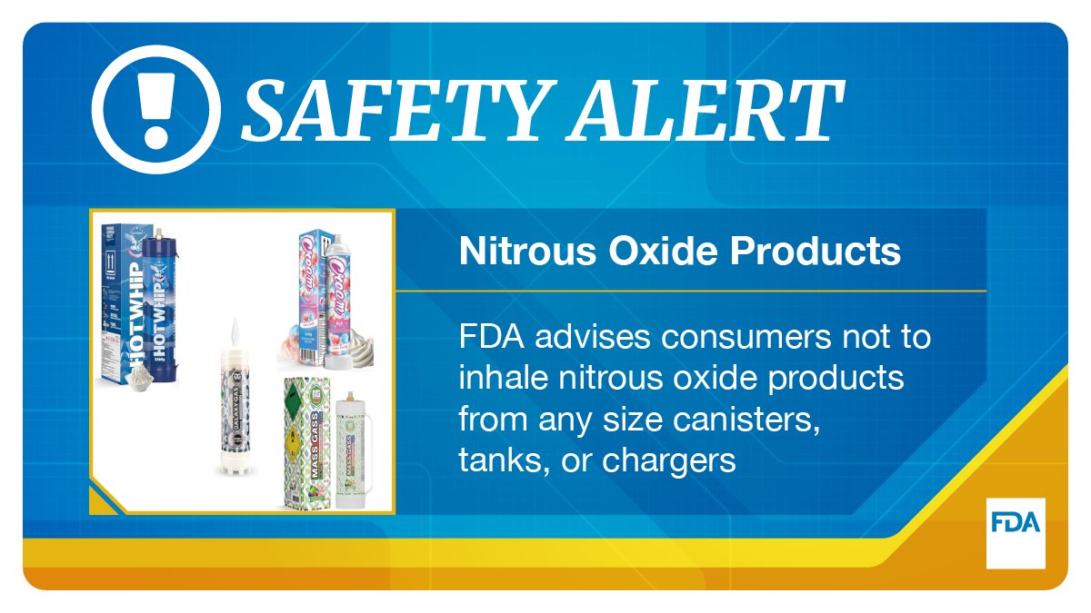 FDAfood's tweet image. The FDA is warning consumers not to inhale or recreationally use nitrous oxide from any size canister, tank, or charger. fda.gov/food/alerts-ad…
Intentional misuse or inhalation of contents can lead to serious adverse health events, including death.
