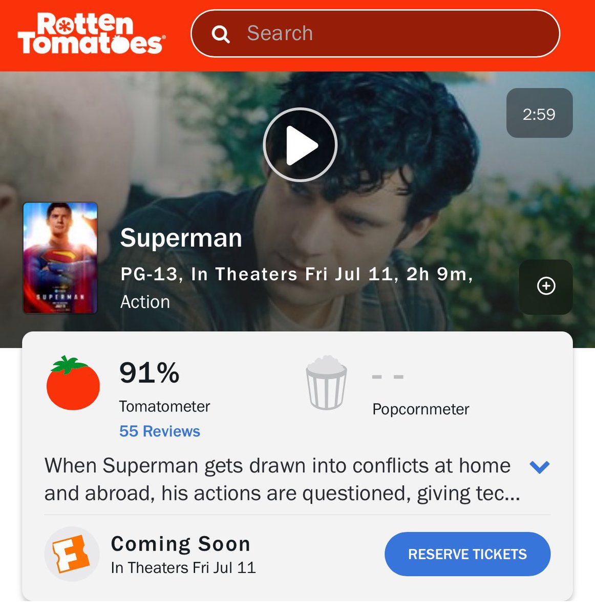 PoppedNews's tweet photo. James Gunn’s ‘SUPERMAN’ debuts with a 91% on Rotten Tomatoes. 

In theaters this weekend. #Superman https://t.co/dHA6kHScuo