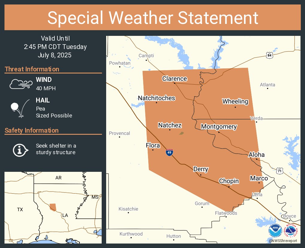 A special weather statement has been issued for Natchitoches LA, Montgomery LA and  Natchez LA until 2:45 PM CDT