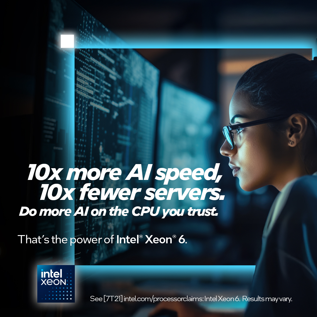 IntelBusiness's tweet image. Do more AI. Spend less.
#IntelXeon 6 processors support the broadest set of workloads, from general purpose to agentic #AI. Learn how running AI on the CPU can transform your enterprise: intel.ly/4ljnZYD