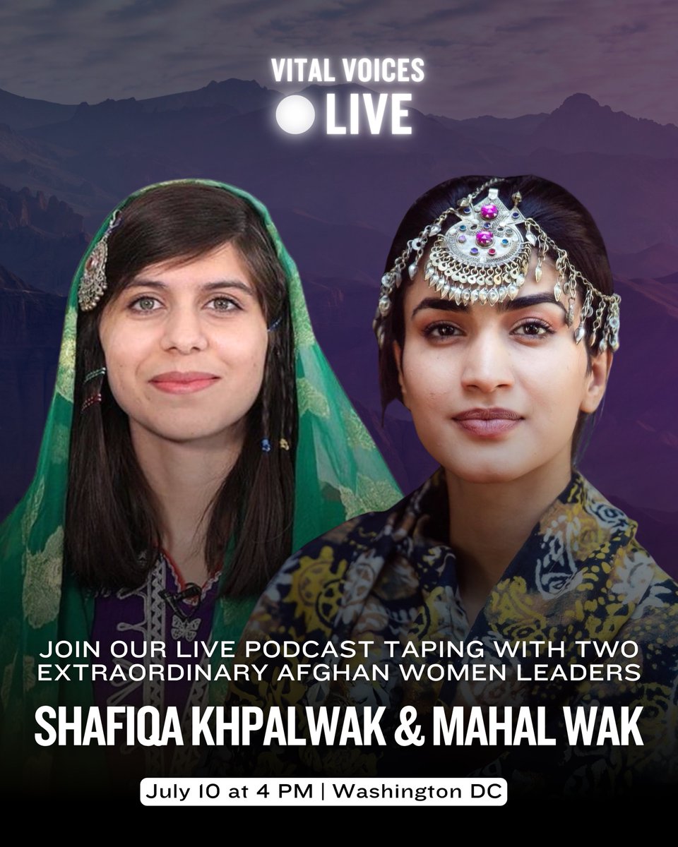Vital Voices (@vitalvoices) on Twitter photo Four years after the fall of Kabul, Afghan women are still fighting to be seen, heard, & free.
This Thursday, hear from <a href="/ShafiqaKhplwak/">Shafiqa Khpalwak</a> & <a href="/Mahalwak/">Mahal Wak مهال واک</a> — two Afghan leaders who escaped Taliban rule.
📍 Downtown DC
📅 July 10 | 4 PM
RSVP here: support.vitalvoices.org/event/vital-vo… Four years after the fall of Kabul, Afghan women are still fighting to be seen, heard, & free.
This Thursday, hear from <a href="/ShafiqaKhplwak/">Shafiqa Khpalwak</a> & <a href="/Mahalwak/">Mahal Wak مهال واک</a> — two Afghan leaders who escaped Taliban rule.
📍 Downtown DC
📅 July 10 | 4 PM
RSVP here: support.vitalvoices.org/event/vital-vo…
