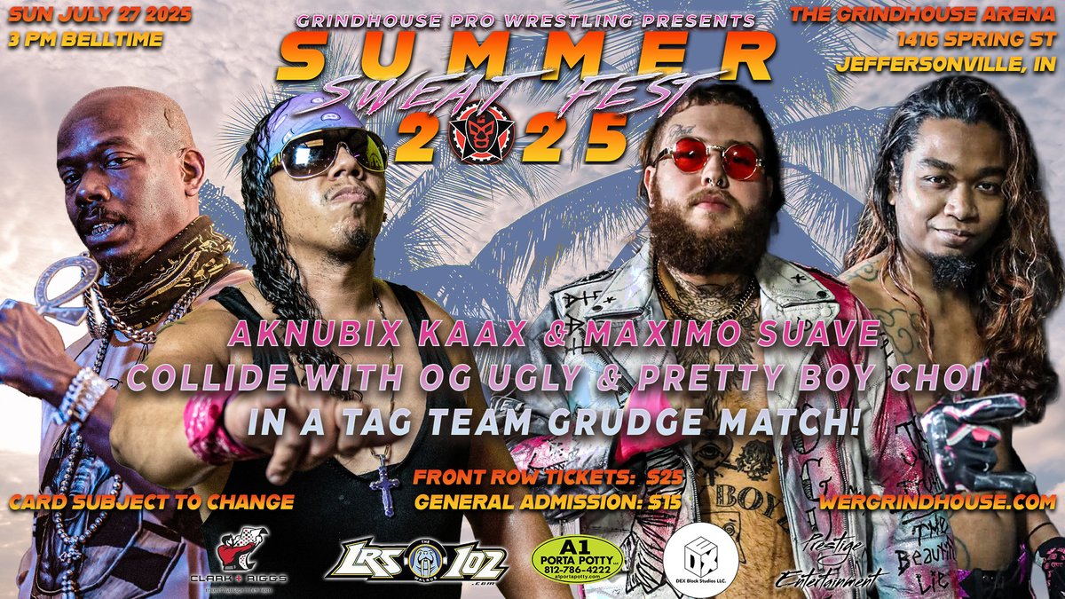 Grindhouse Pro Wrestling (@grindhousex) on Twitter photo Another HUGE match signed for Summer Sweat Fest! OG Ugly & Pretty Boy Choi are after revenge when they meet <a href="/MaximoSuave/">Maximo Suave</a> & Aknubix Kaax!
Sun July 27, 3 PM
The Grindhouse Arena
1416 Spring St
Jeffersonville, IN
ποΈπ: wergrindhouse.com/events
#WWENXT #WWEEvolution Another HUGE match signed for Summer Sweat Fest! OG Ugly & Pretty Boy Choi are after revenge when they meet <a href="/MaximoSuave/">Maximo Suave</a> & Aknubix Kaax!
Sun July 27, 3 PM
The Grindhouse Arena
1416 Spring St
Jeffersonville, IN
ποΈπ: wergrindhouse.com/events
#WWENXT #WWEEvolution