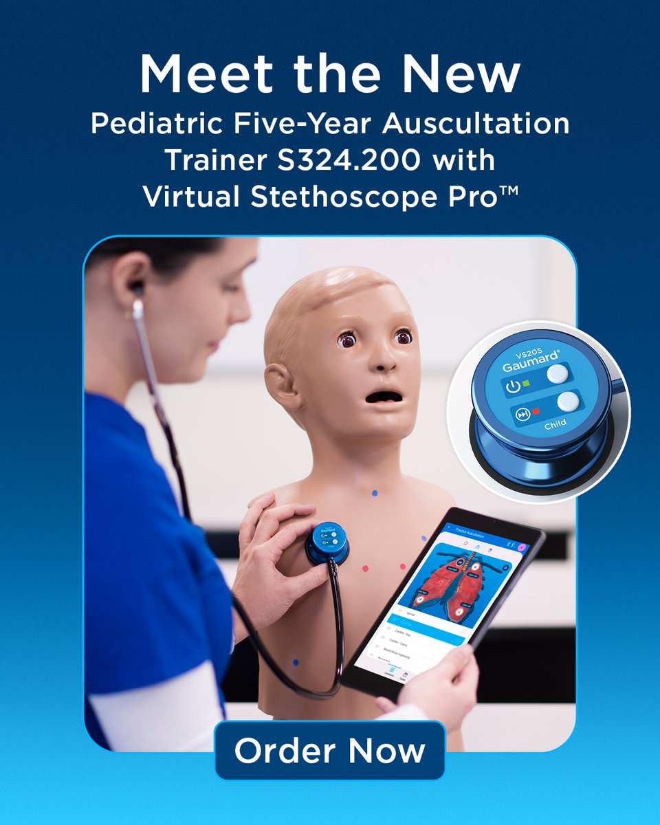 🚨 Meet the new Pediatric Five-Year Auscultation Trainer S324.200 w/ Virtual Stethoscope Pro™! 🎧🫁
35 high-fidelity sounds. 8 auscultation sites. App-enabled learning. Real-world realism.
Build skills. Assess performance. Train smarter. Order it now: gaumard.com/products/s324-…