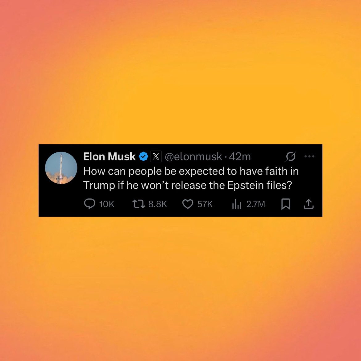 Elon Musk drags US President Donald Trump in new tweet.

“How can people be expected to have faith in Trump if he won’t release the Epstein files?”