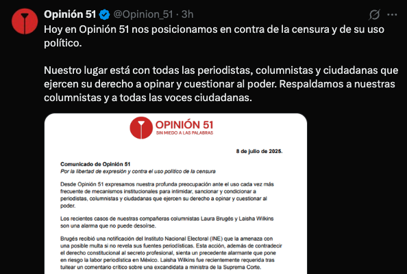 🧠 Estoy en sintonía con <a href="/Opinion_51/">Opinión 51</a>. 
El uso banalizado de la violencia de género en contra de casos de libertad de expresión de periodistas es un juego de suma cero. Todas y todos perdemos. 
Cuando se vulnera la justicia, el debido proceso y la libertad de expresión nadie gana,