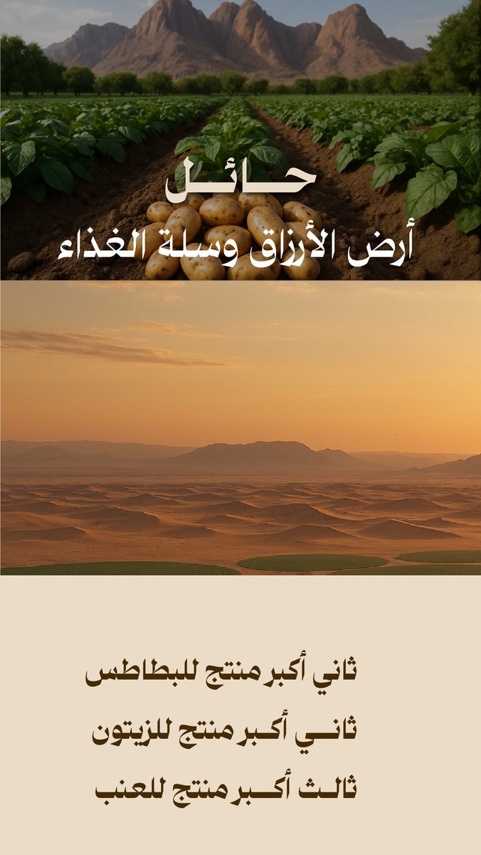 Amanat_Hail's tweet photo. 🎞️ | #قصة_حائلية

 ◻️▫️ هنا حائـل ▫️◽️
🔅حقول تزرع وغذاء يثمر 🔅
   أرض الأرزاق وسلّة الغذاء 🧺

🥔 ثاني أكبر منتج للبطاطس 
🫒 ثاني أكبر منتج للزيتون
🍇 ثالث أكبر منتج للعنب

▫️قصة تكملها الأيدي
ويصونها العطاء 💚

📸 | #حائل_الأجمل
#أمانة_منطقة_حائل https://t.co/WUuWwzGil4