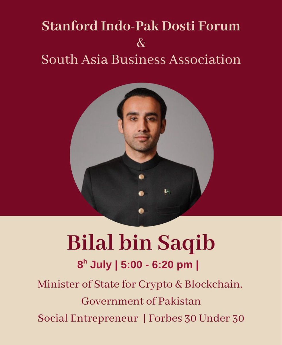 Ahmad Zafar (@ahmadzzafar) on Twitter photo We're excited to welcome <a href="/Bilalbinsaqib/">Bilal bin Saqib MBE</a> MBE, Minister of State for Crypto & Blockchain (Government of Pakistan), to Stanford this Tuesday, July 8, at 5 PM.
Grateful for the chance to engage with someone working at the intersection of technology, governance, and impact We're excited to welcome <a href="/Bilalbinsaqib/">Bilal bin Saqib MBE</a> MBE, Minister of State for Crypto & Blockchain (Government of Pakistan), to Stanford this Tuesday, July 8, at 5 PM.
Grateful for the chance to engage with someone working at the intersection of technology, governance, and impact