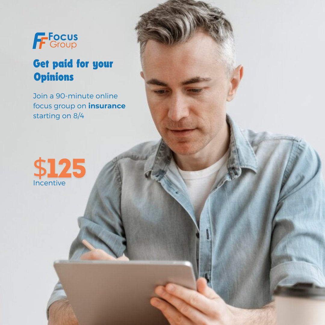 FF_FocusGroup's tweet image. Looking for people ages 18–80 to join a 90-minute online focus group about insurance. Earn $125 for your time! 👉 See if you qualify: panelfox.io/s/4f3b3a20-0c0…
#Insurance #PaidStudy #MarketResearch #FocusGroup