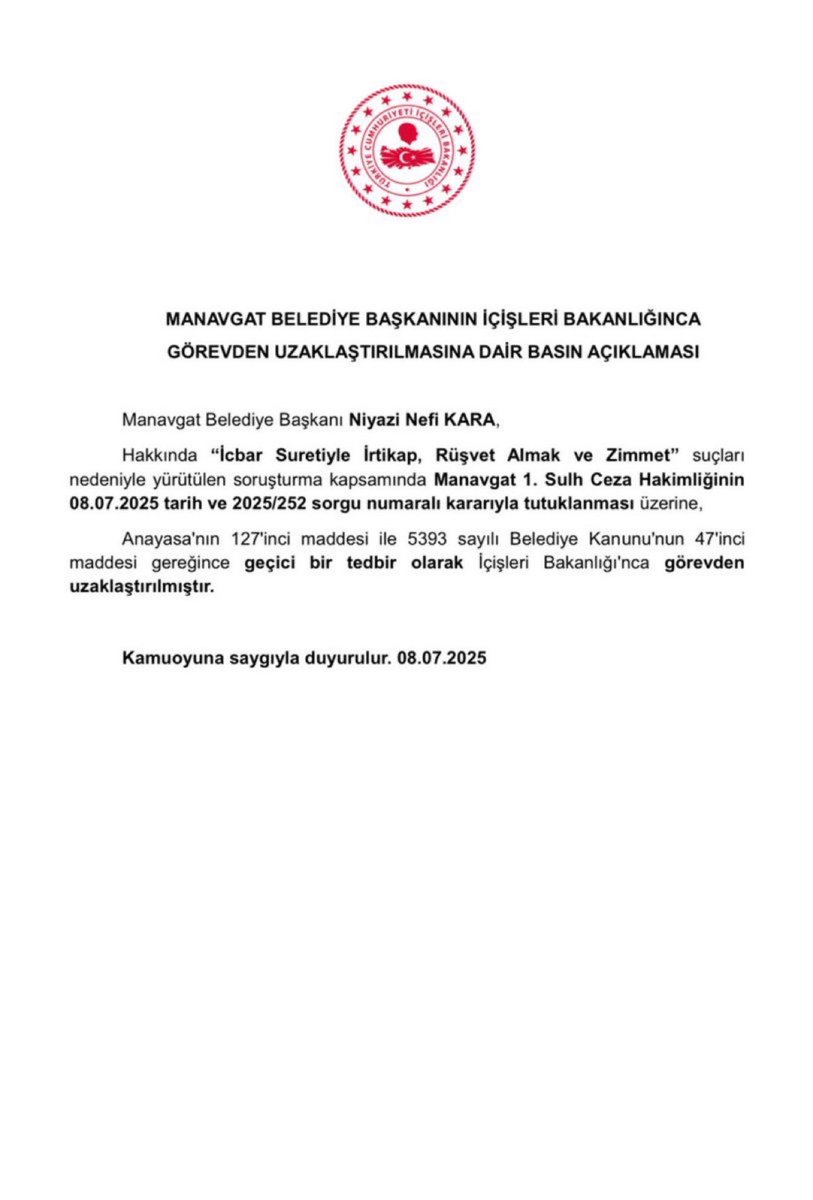 Manavgat Belediye Başkanı Niyazi Nefi Kara GÖREVDEN UZAKLAŞTIRILDI