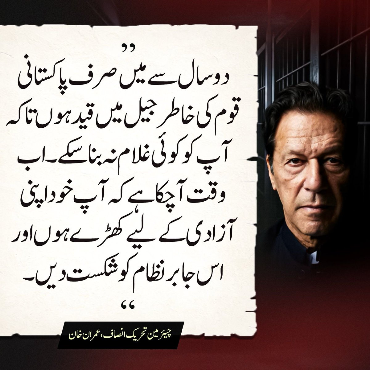دو سال سے میں صرف پاکستانی قوم کی خاطر جیل میں قید ہوں تاکہ آپ کو کوئی غلام نہ بنا سکے۔ اب وقت آچکا ہے کہ آپ خود اپنی آزادی کے لیے کھڑے ہوں اور اس جابر نظام کو شکست دیں۔