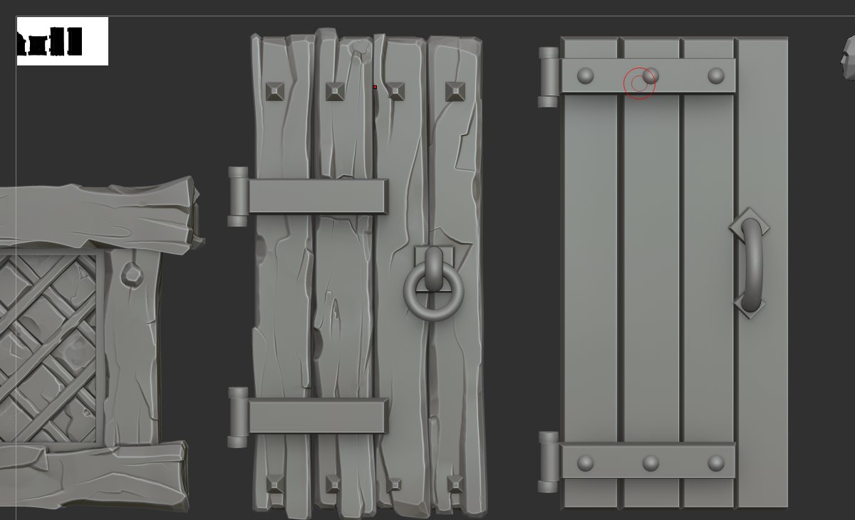 elJosby's tweet image. This is how far I’ve gotten with the door so far. I’m taking inspiration from some doors by Seth Baldwin. There are a few parts I like, but overall I’m not really loving how the wood looks. Could you give me some feedback to apply tomorrow? 🥲