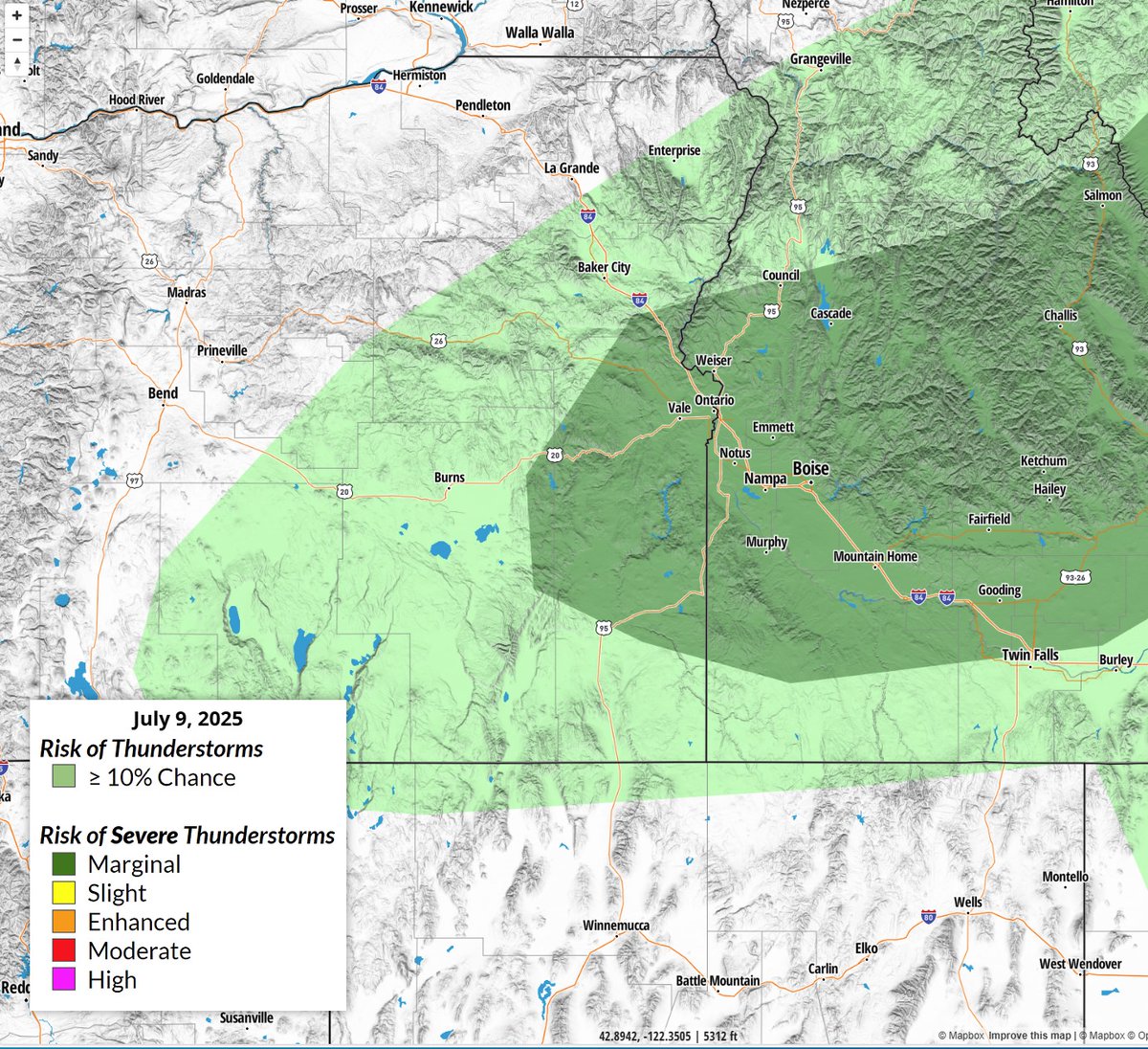 ⚡️💨There is a chance (less than 30 percent) of strong to severe thunderstorms producing wind gusts in excess of 50 mph late Wednesday afternoon and evening, especially in the dark green area highlighted in the image below. Patchy blowing dust is also a concern.