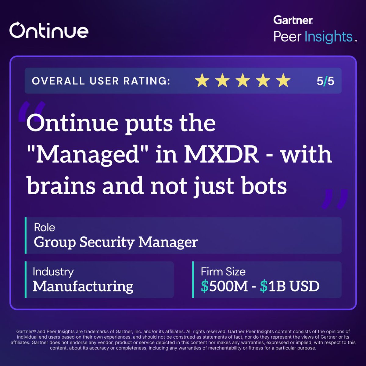 Why did this customer in the manufacturing space choose Ontinue? Take a look below.  

🤝 Strong customer focus 
👁️ Product roadmap and future vision 
💪 Product functionality and performance 
 
Read their full review:  gtnr.it/44Ao6cw 

#PeerReview #MXDR