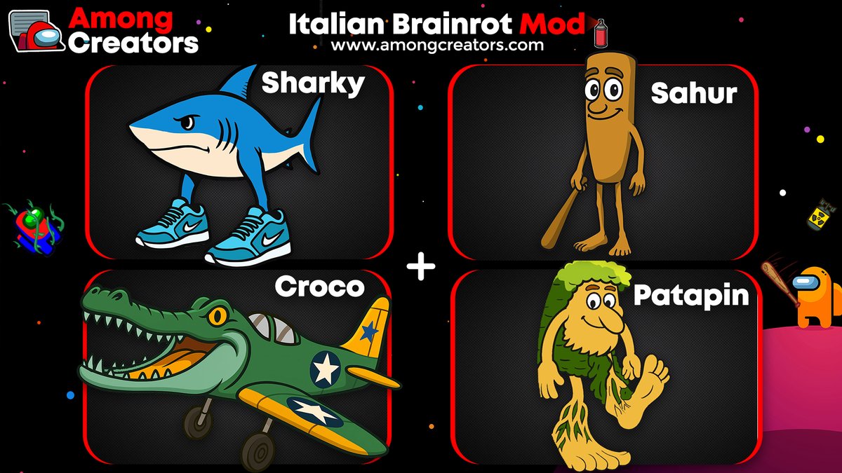🧠 #ItalianBrainrot X #AmongUs 

This is the FIRST Italian Brainrot Mod in Among Us 

- Here you get:
🪵 Tung Tung Sahur
🦈 Tralalero Tralala
🌳 Brr Brr Patapim
🐊 Bombardilo Crocodilo

Only for content creators.
If you make chaotic masterpieces — this one’s for you. 🎬🔥