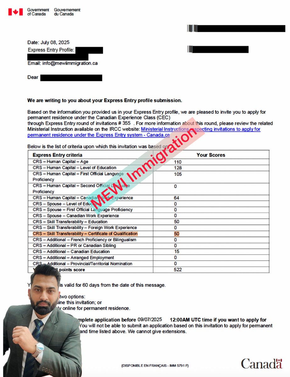 MewiImmigration's tweet image. 🎉 Congratulations to everyone who received an invitation under the #CanadianExperienceClass draw on July 8, 2025!

📩 3,000 applicants invited with a CRS of 518.

An important factor in getting such high CRS is a certification of qualification.

You can see our client who has 50…