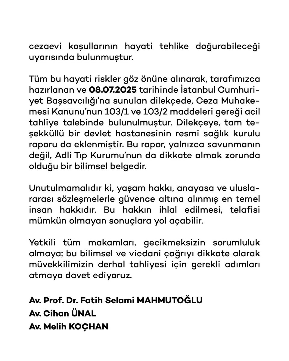 Av. Melih Koçhan (@melihhkochan) on Twitter photo Tutuklu bulunan müvekkilimiz, Beylikdüzü Belediye Başkanı Mehmet Murat Çalık <a href="/mmuratcalik/">Mehmet Murat Çalık</a> hakkında, T.C. Sağlık Bakanlığı İzmir Atatürk Eğitim ve Araştırma Hastanesi tarafından hazırlanan 07.07.2025 tarihli sağlık kurulu raporu, kamu vicdanında büyük bir endişe yaratmıştır. Bu Tutuklu bulunan müvekkilimiz, Beylikdüzü Belediye Başkanı Mehmet Murat Çalık <a href="/mmuratcalik/">Mehmet Murat Çalık</a> hakkında, T.C. Sağlık Bakanlığı İzmir Atatürk Eğitim ve Araştırma Hastanesi tarafından hazırlanan 07.07.2025 tarihli sağlık kurulu raporu, kamu vicdanında büyük bir endişe yaratmıştır. Bu