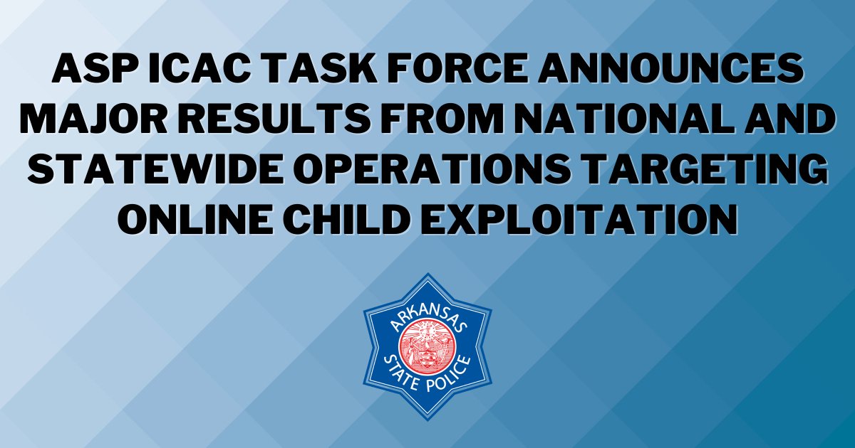 ARStatePolice's tweet image. ASP's ICAC Task Force, in partnership with local, state, and federal agencies, has announced the successful completion of two primary operations, Operation Safe Online Summer (SOS) and Operation Cookie Crumbs, targeting online child exploitation.
dps.arkansas.gov/news/asp-icac-…