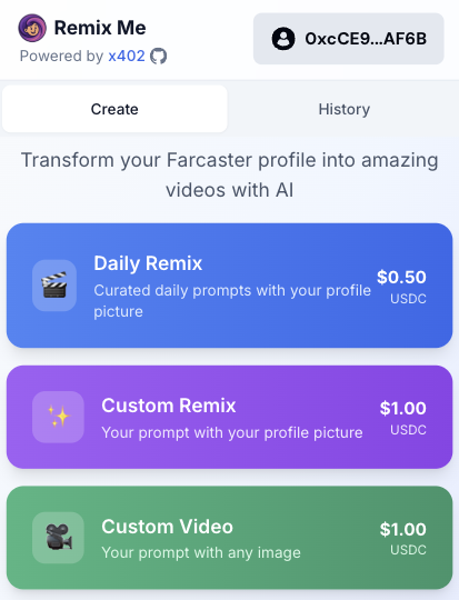 carsonroscoe7's tweet photo. Sharing my weekend project – Remix Me: A miniapp for creating custom videos from your profile pic, powered by @buildonbase Minikit and @coinbaseDev x402

x402 is the easiest way for builders to monetize their miniapps and enable one-click purchases

Check it out 👇 https://t.co/bmGj1cKZIz