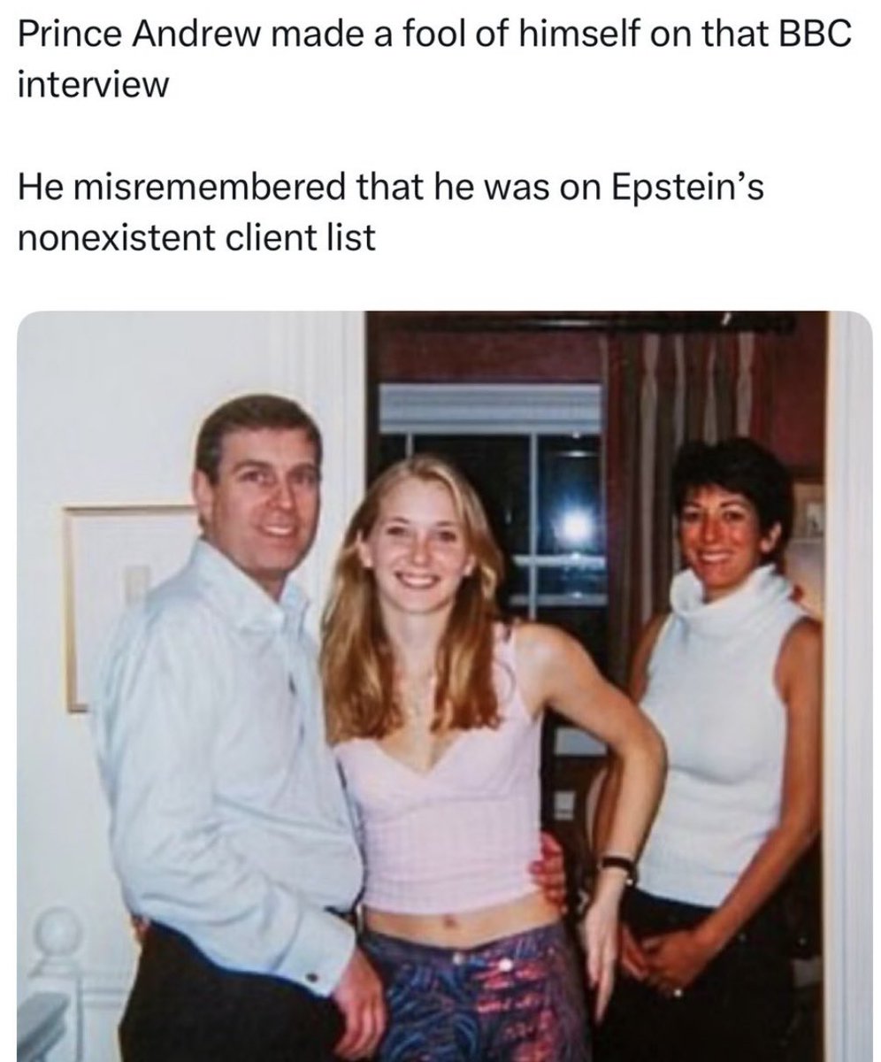 Prince Andrew and  Virgina Giuffre on Epstein  Island.     She was hit by a truck... and before she fully recovered.... she was su*cided.  Now tell me there isn't  a client list and Prince Andrew isn't  on it.     🙄