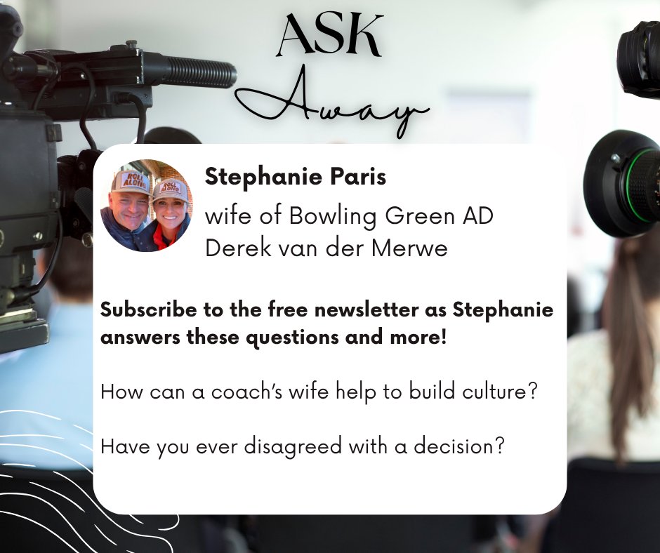 Coach's Wife Life (@coachswifelife1) on Twitter photo The Ask Away Series!
Ask an AD's Wife!
Stephanie Paris, wife of @bgsu_athletics AD <a href="/vandermerwe63/">Derek van der Merwe</a>, shares with <a href="/KristenEargle/">Kristen Eargle</a> how she handles being a bank vice president, mom and why she created the 'Roll Along' hat fundraising campaign!
Subscribe to the insider content for The Ask Away Series!
Ask an AD's Wife!
Stephanie Paris, wife of @bgsu_athletics AD <a href="/vandermerwe63/">Derek van der Merwe</a>, shares with <a href="/KristenEargle/">Kristen Eargle</a> how she handles being a bank vice president, mom and why she created the 'Roll Along' hat fundraising campaign!
Subscribe to the insider content for