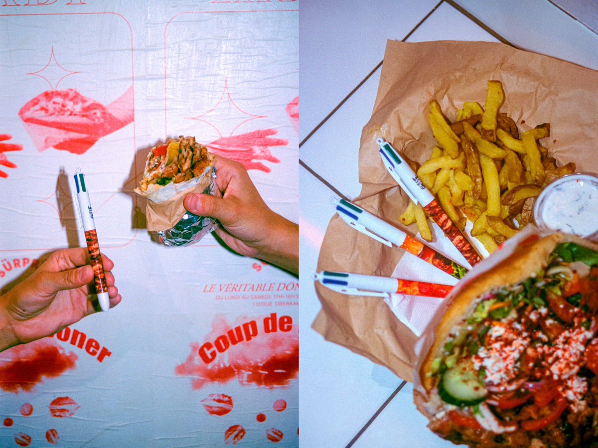 maximevisticot's tweet image. J’ai photographié la sortie des stylos BIC kebab, pizza et burger à l’argentique 🥙🎞️
