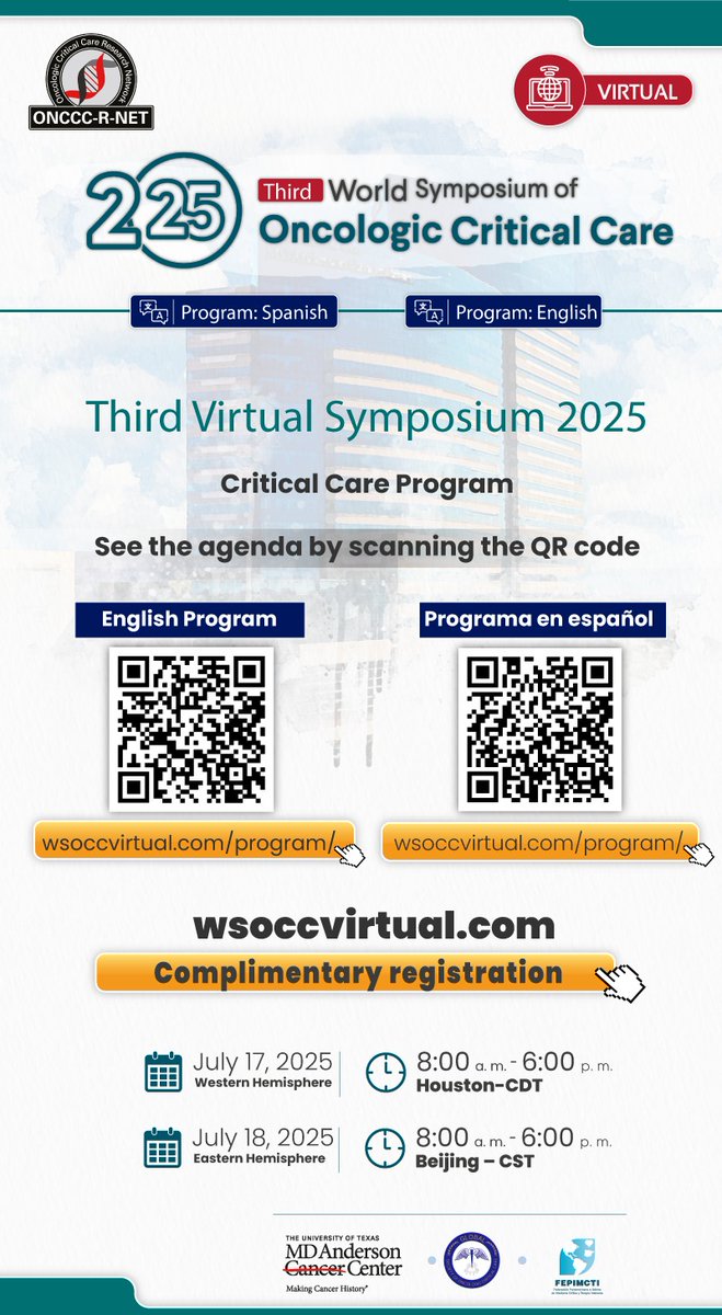 🚨Join us for the 3rd Virtual World Symposium of Oncologic Critical Care 🌏 
Cutting-edge Science, Global collaboration, Expert insights on cancer &amp; critical illness.
📆July 17-18! 🖥️ Virtual 
🔗 REGISTER NOW: wsoccvirtual.com