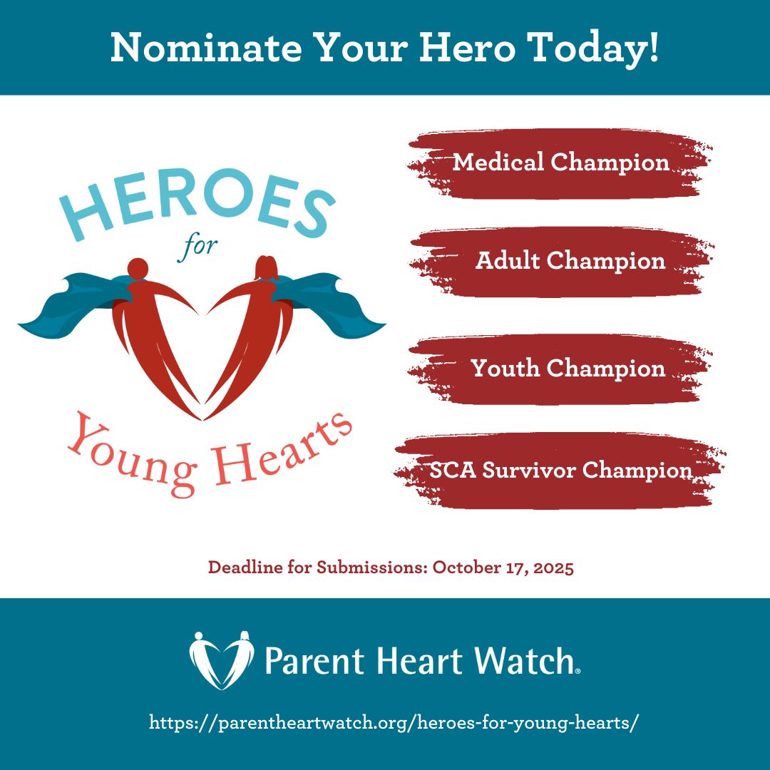 Know someone saving young lives from SCA?
Nominate them for the Heroes for Young Hearts Awards!

⚕️ Medical | 🌟 Adult | 🙌 Youth | 💪 Survivor
🏆 Honored at #HeartToHeart2026 in Orlando
🗓 Deadline: Oct 17
👉 surveymonkey.com/r/HFYH202

#HeroesForYoungHearts #ParentHeartWatch