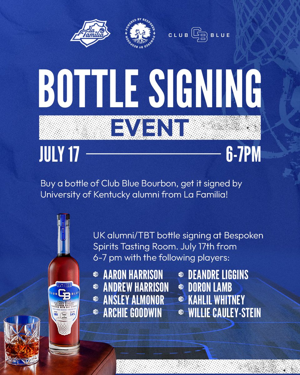 🚨 <a href="/LaFamiliaTBT/">LaFamilia - Kentucky’s TBT Team</a> signing event ✍️

Don’t miss this amazing opportunity to meet some Wildcat Legends and get your very own Club Blue Bourbon bottle from <a href="/bespokenspirits/">bespokenspirits</a> signed! 

Register NOW: clubbluenil.com/bottle-signing…