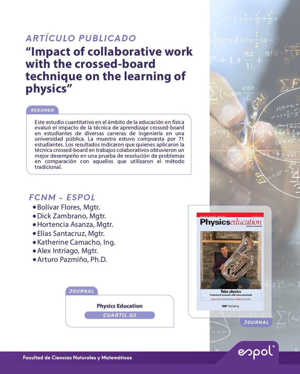 Desde la #FCNM ⚛️ compartimos la publicación de un nuevo estudio en Physics Education (Q2) 🧠

Esta investigación aborda el impacto de la técnica “Crossed-Board” en clases de física con estudiantes de ingeniería.

Lee más 👉 iopscience.iop.org/journal/0031-9…