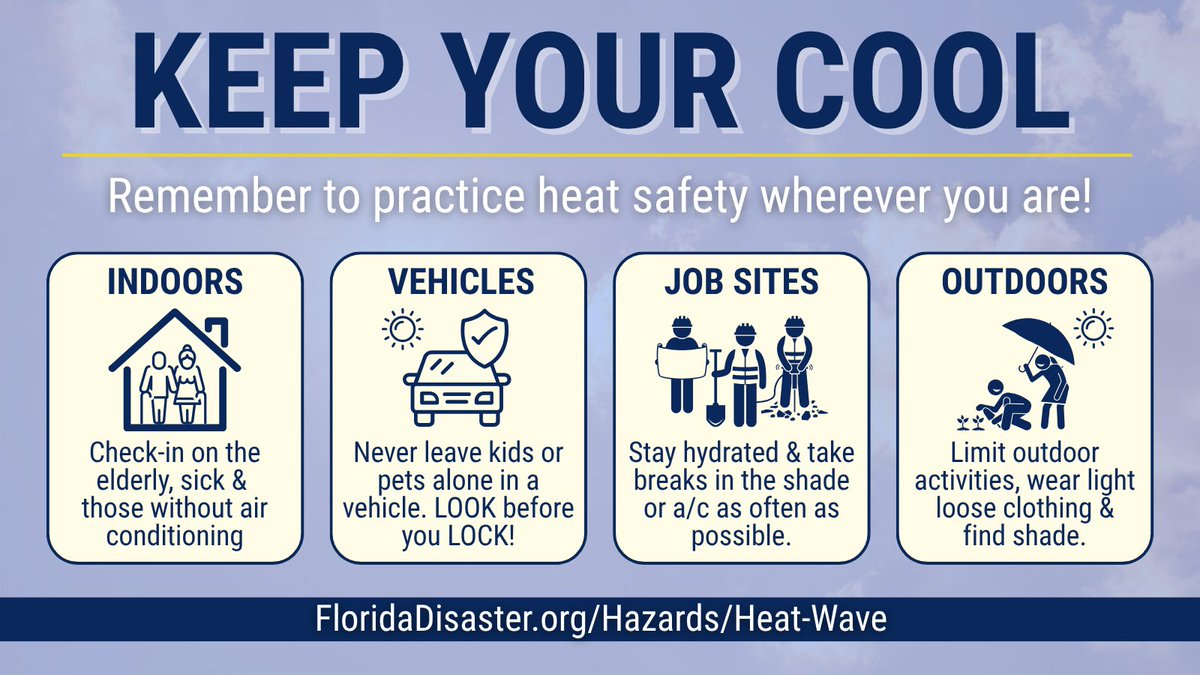 FLSERT's tweet image. ☀️ Summer in Florida can get really hot!
This week, the heat index will reach triple digits throughout much of the state.
Follow the heat safety tips below to keep cool this summer & visit FloridaDisaster.org/Hazards/Heat-W… for more info!