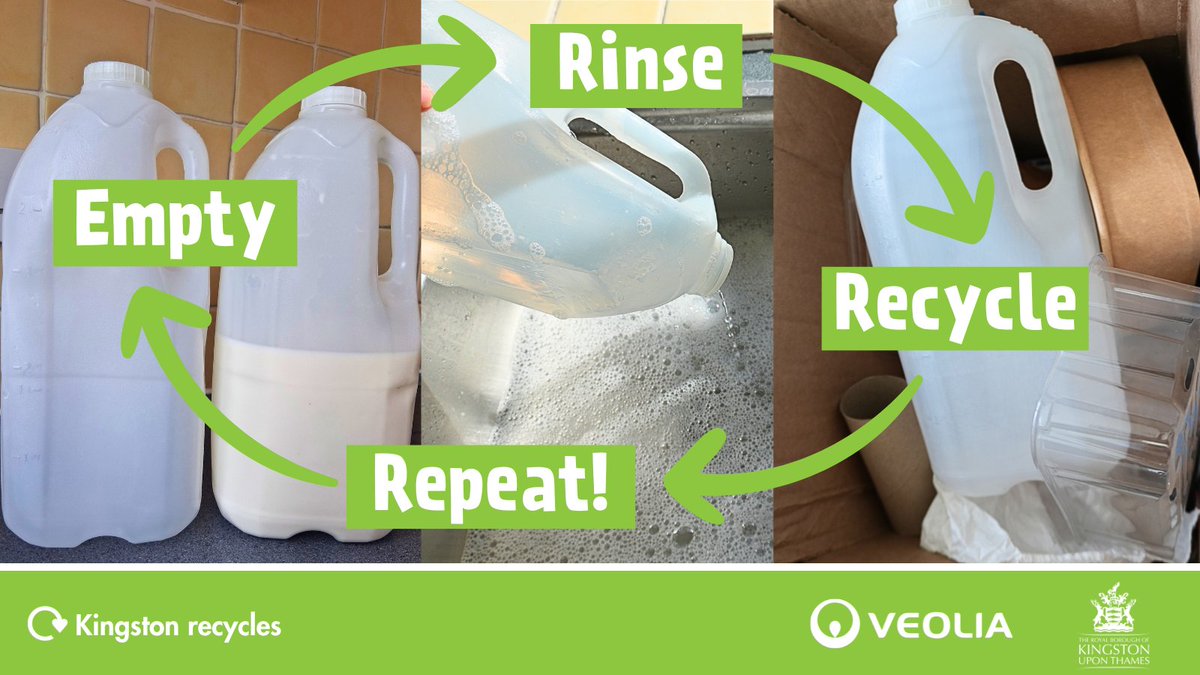 RBKingston's tweet image. Keep your recycling bin free from contamination so materials are ready to be recycled with these simple steps from @VeoliaUK:
Empty
Rinse
Recycle
Repeat
A final top tip: squash and compact items to maximise space!
#GreenerKingston