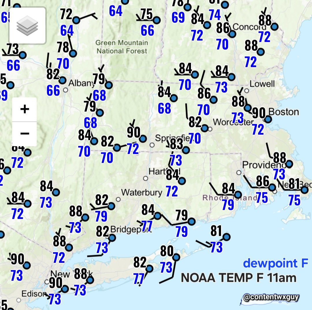 ContentWxGuy's tweet photo. Absolutely disgusting readings out there today.
Dewpoints pushing 80F in spots.
70-75F push well into northern New England. https://t.co/c7W15uw5cv
