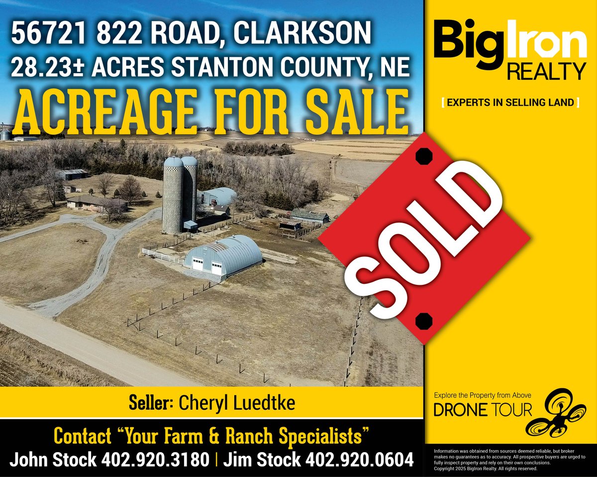 🌾 SOLD – Rare Acreage Near Leigh, NE! 🏡 Congrats to the buyers &amp; sellers of this 28.23± acre gem in Clarkson, NE—sold with BigIron Realty!

✨ 3-bed home, pasture, outbuildings &amp; more!
👏 Thanks to Jim &amp; John Stock for another great sale!

#BigIronRealty #NebraskaAcreageSOLD