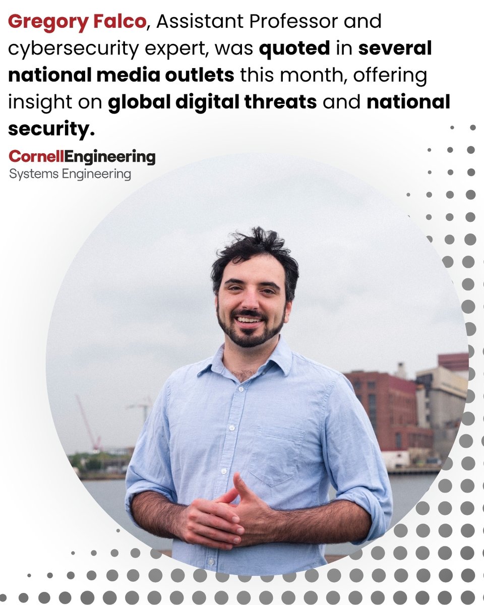 CornellSystems's tweet image. Cybersecurity in the spotlight! ππ° Assistant Professor Gregory Falco shared his expertise on global digital threats and national security in multiple national media outlets this month. π§ π
New York Times | Associated Press | USA Today