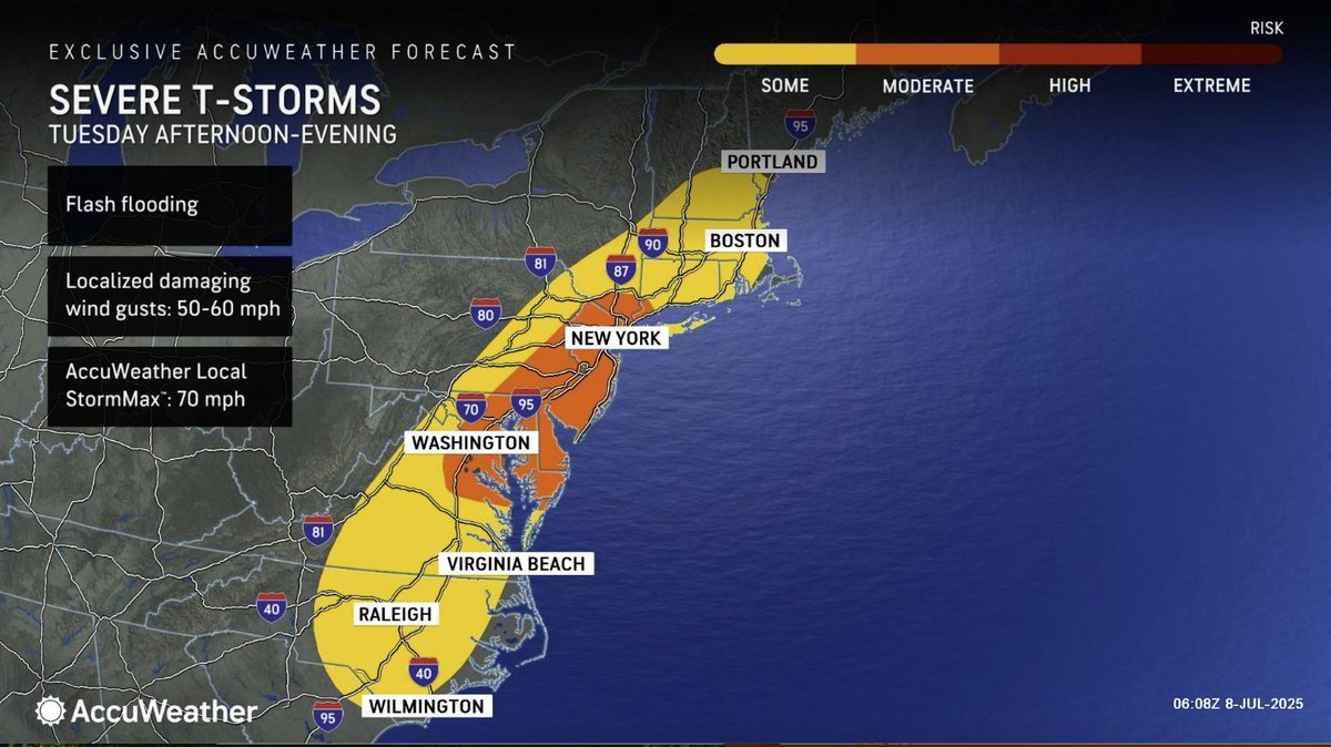 1010 WINS on 92.3 FM (@1010wins) on Twitter photo WEATHER <a href="/accuweather/">AccuWeather</a> TUESDAY
*HEAT ADVISORY THROUGH 8PM*
*FLOOD WATCH THROUGH 2AM*
•This afternoon-Partly sunny, hot and humid. High 93. Late this afternoon into early evening thunderstorms will be around producing heavy rain and strong winds.
•Tonight-Partly to mostly cloudy. WEATHER <a href="/accuweather/">AccuWeather</a> TUESDAY
*HEAT ADVISORY THROUGH 8PM*
*FLOOD WATCH THROUGH 2AM*
•This afternoon-Partly sunny, hot and humid. High 93. Late this afternoon into early evening thunderstorms will be around producing heavy rain and strong winds.
•Tonight-Partly to mostly cloudy.