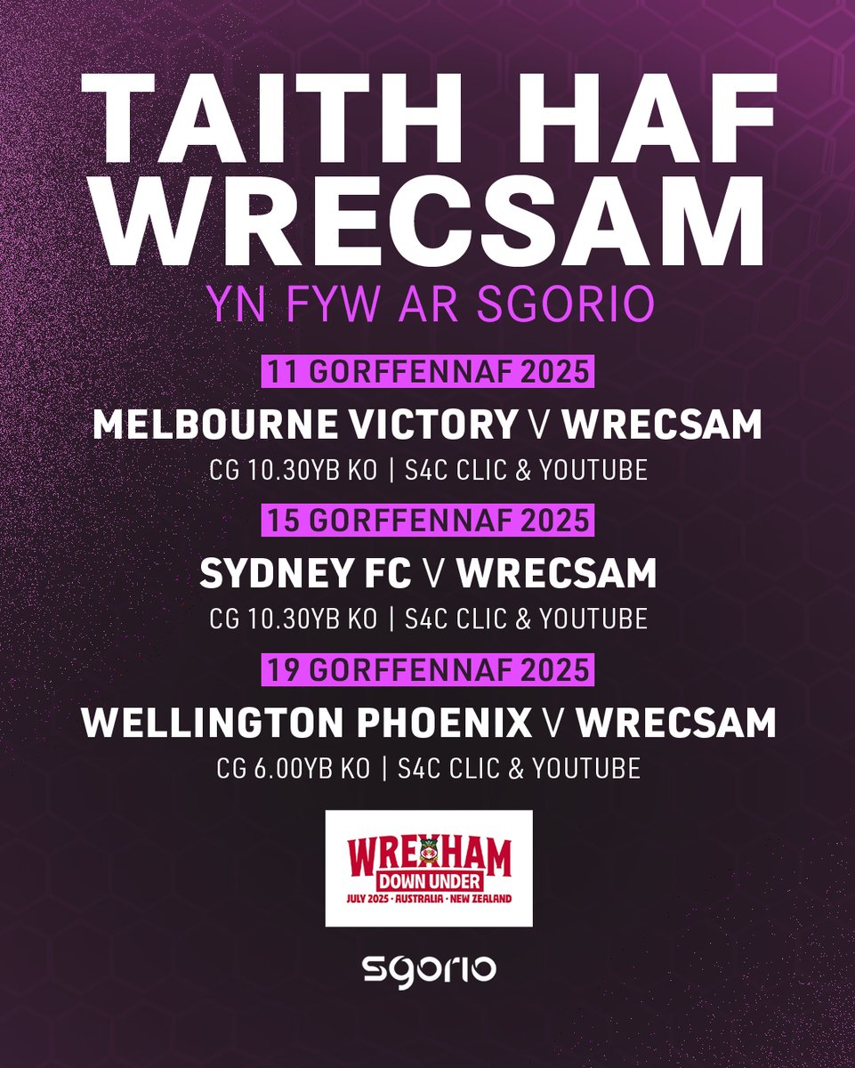 Taith Haf Wrecsam yn Awstralia a Seland Newydd yn fyw ar Sgorio 🏴󠁧󠁢󠁷󠁬󠁳󠁿

Wrexham’s Down Under tour of Australia and New Zealand this summer will be broadcast live on Sgorio, with replays of each match available to watch on S4C.📺

<a href="/Wrexham_AFC/">Wrexham AFC</a> | <a href="/S4C/">S4C 🏴󠁧󠁢󠁷󠁬󠁳󠁿</a>