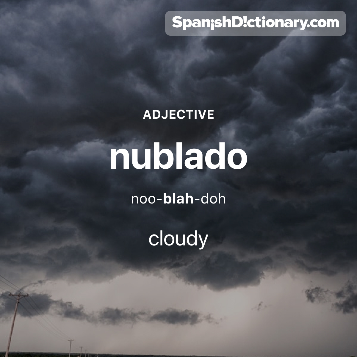 Today's #WordOfTheDay is "nublado." 🌥️☁️ For example: El cielo está nublado hoy.  - The sky is cloudy today. 
#EstudiaEspañol #StudySpanish #AprendeEspañol #LearnSpanish #Español #Spanish #LearningSpanish #PalabraDelDia
