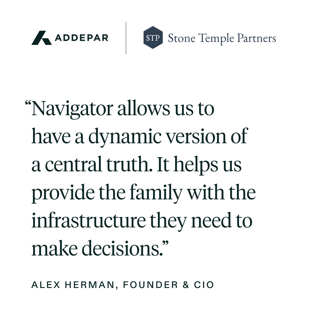 When 50% of your portfolios are allocated to private markets, visibility is everything. See how Stone Temple Partners LLC uses Addepar + Navigator to project, pace and plan with confidence. bit.ly/43wMQ4F