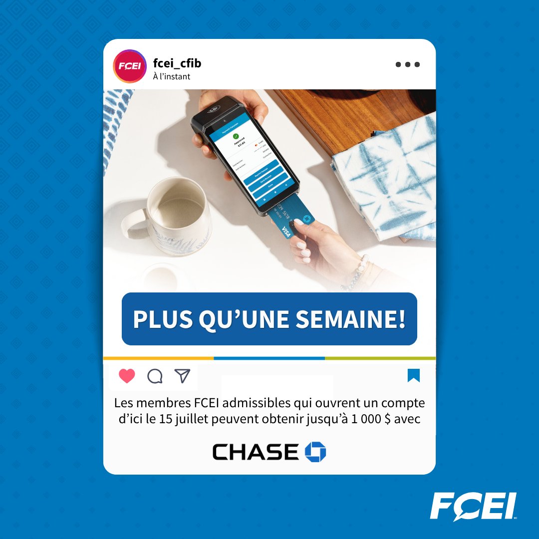 FCEI's tweet image. ⏳ Plus qu’une semaine! Membres FCEI : Ouvrez un nouveau compte @Chase d’ici le 15 juillet pour obtenir jusqu’à 1 000 $.
Pour simplifier vos transactions en magasin ou en ligne, notre partenaire de confiance, Chase, offre des solutions de paiement intelligentes et sécurisées.…