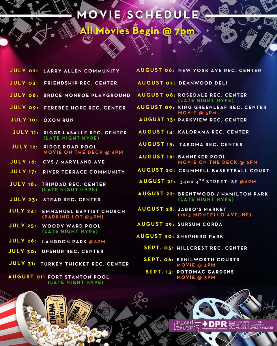 DC offers fun, free, and exciting activities for young people all summer long.

Now through September, enjoy movies at rec centers across the District—a great way to connect with community, spend time with family, &amp; have fun with friends. 🎬🍿

Full schedule: